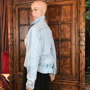 Du Jour Light Wash Curved Ruffle Back Stretch Cotton Blend Denim Jacket